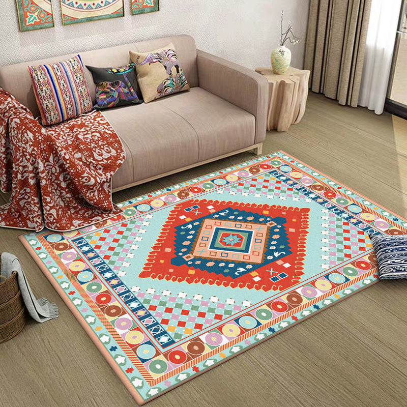 Blue and Orange Bedroom Rug Moroccan Medallion Circle Diamond Pattern Area Rug Polyester Anti-Slip Washable Carpet Clearhalo 'Area Rug' 'Moroccan' 'Rugs' Rug' 1634495