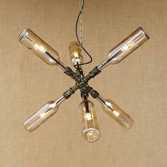 Glass Clear/Blue Pendant Light Bottle Shade 2/4/6 Lights Industrial Style Ceiling Fixture with Pipe Design in Black/Aged Brass 6 Antique Bronze Amber Clearhalo 'Ceiling Lights' 'Chandeliers' 'Glass shade' 'Glass' 'Industrial Chandeliers' 'Industrial' 'Middle Century Chandeliers' 'Tiffany' Lighting' 16346