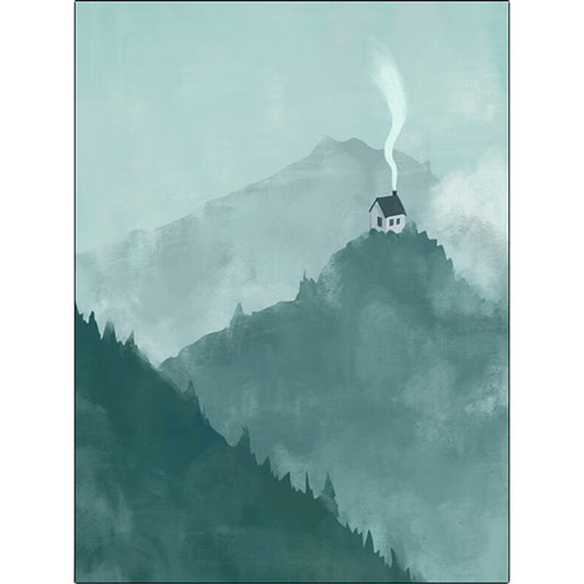 Green Bedroom Rug Modern Geography Mountain House Pattern Area Rug Polyester Anti-Slip Backing Carpet Clearhalo 'Area Rug' 'Rug' 1634655