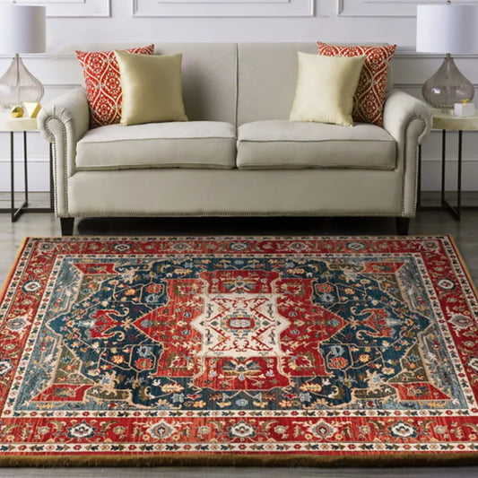 Oriental Moroccan Rug in Blue and Red Medallion Floral Leaf Pattern Rug Polyester Washable Carpet for Home Decoration Red Clearhalo 'Area Rug' 'Moroccan' 'Rugs' Rug' 1634889