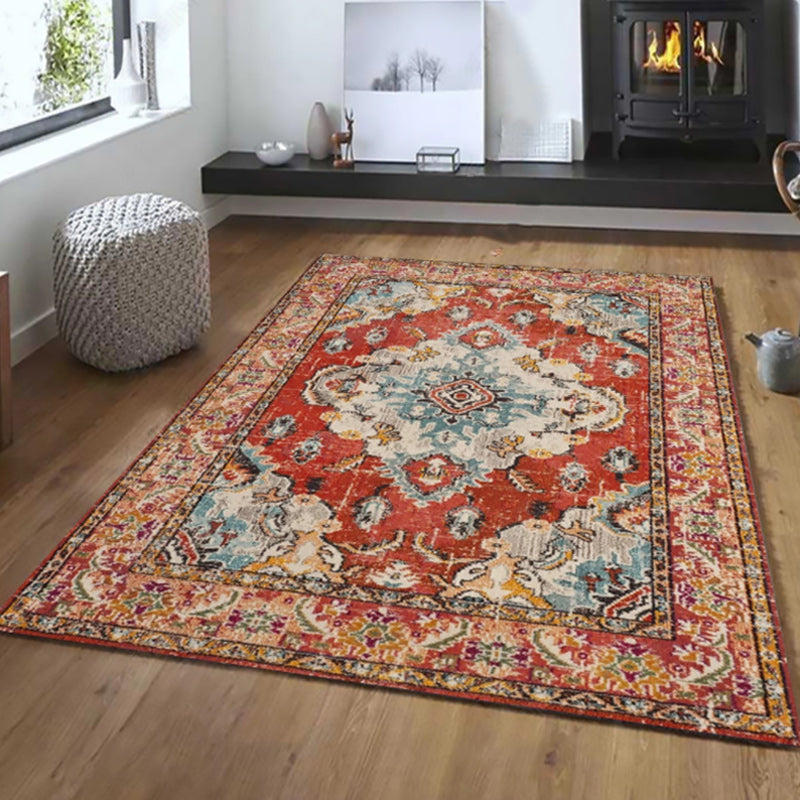 Oriental Moroccan Rug in Blue and Red Medallion Floral Leaf Pattern Rug Polyester Washable Carpet for Home Decoration Light Red Clearhalo 'Area Rug' 'Moroccan' 'Rugs' Rug' 1634895