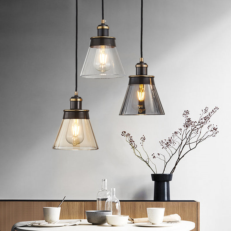 Brass 1 Light Pendant Lighting Industrial Clear/Amber/Smoked Glass Cone Hanging Lamp for Indoor Clearhalo 'Ceiling Lights' 'Glass shade' 'Glass' 'Industrial Pendants' 'Industrial' 'Island Lights' 'Middle Century Pendants' 'Pendant Lights' 'Pendants' 'Tiffany' Lighting' 163498