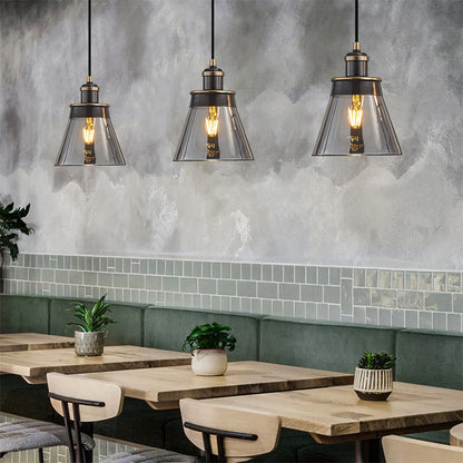 Brass 1 Light Pendant Lighting Industrial Clear/Amber/Smoked Glass Cone Hanging Lamp for Indoor Smoke Gray Clearhalo 'Ceiling Lights' 'Glass shade' 'Glass' 'Industrial Pendants' 'Industrial' 'Island Lights' 'Middle Century Pendants' 'Pendant Lights' 'Pendants' 'Tiffany' Lighting' 163506