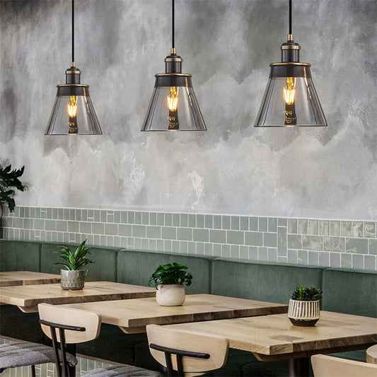 Brass 1 Light Pendant Lighting Industrial Clear/Amber/Smoked Glass Cone Hanging Lamp for Indoor Smoke Gray Clearhalo 'Ceiling Lights' 'Glass shade' 'Glass' 'Industrial Pendants' 'Industrial' 'Island Lights' 'Middle Century Pendants' 'Pendant Lights' 'Pendants' 'Tiffany' Lighting' 163506