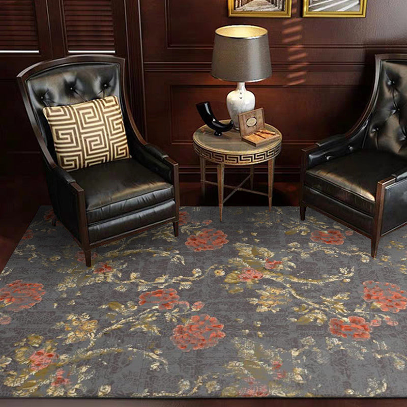 Dark Grey Vintage Rug Polyester Floral and Leaf Pattern Rug Washable Non-Slip Backing Carpet for Living Room Clearhalo 'Area Rug' 'Rugs' 'Vintage' Rug' 1635157