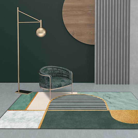 Modern Marble Surface Pattern Rug with Stripe Green Polyester Rug Machine Washable Non-Slip Area Rug for Bedroom Green