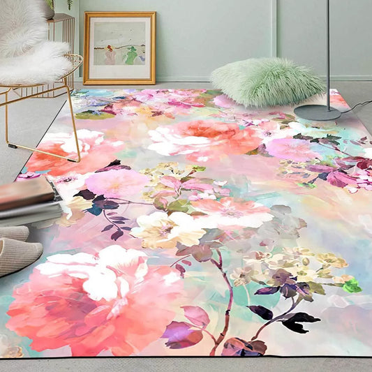 Pink Bedroom Rug French Country Floral Leaf Pattern Area Rug Polyester Machine Washable Carpet Clearhalo 'Area Rug' 'French Country' 'Rugs' Rug' 1635446