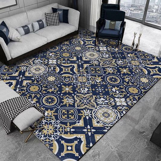 Blue Bedroom Rug Moroccan Floral Square Pattern Area Rug Polyester Anti-Slip Backing Carpet Dark Blue Clearhalo 'Area Rug' 'Moroccan' 'Rugs' Rug' 1635528