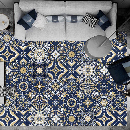 Blue Bedroom Rug Moroccan Floral Square Pattern Area Rug Polyester Anti-Slip Backing Carpet Clearhalo 'Area Rug' 'Moroccan' 'Rugs' Rug' 1635529