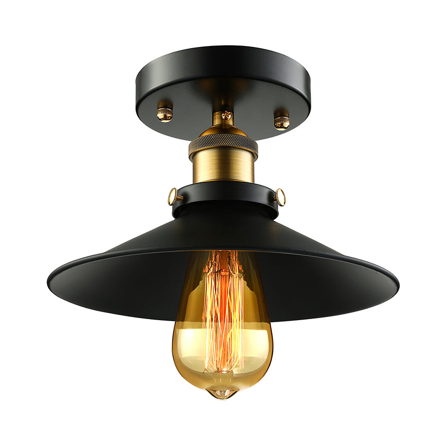 Black/Rust Cone Shade Semi Flush Mount Retro Stylish Metallic 1 Head Balcony Close to Ceiling Lighting Clearhalo 'Ceiling Lights' 'Close To Ceiling Lights' 'Close to ceiling' 'Flush mount' 'Industrial Flush Mount' Lighting' 16356