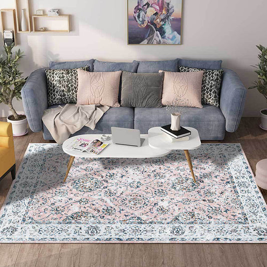 Shabby Chic Floral Pattern Rug Light Pink and Blue Polyester Rug Machine Washable Non-Slip Area Rug for Bedroom Clearhalo 'Area Rug' 'Rugs' 'Vintage' Rug' 1635705