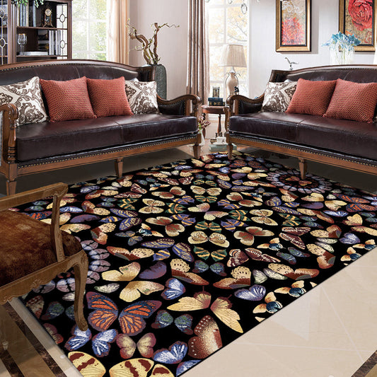 Black and White Vintage Rug Polyester Butterfly Pattern Rug Washable Non-Slip Backing Carpet for Living Room Black Clearhalo 'Area Rug' 'Rugs' 'Vintage' Rug' 1635736