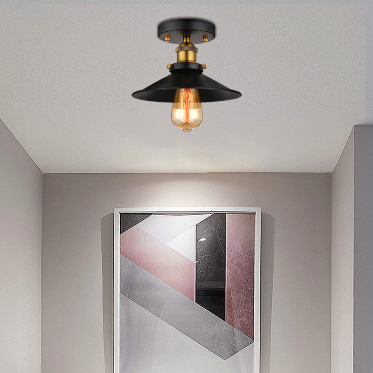 Black/Rust Cone Shade Semi Flush Mount Retro Stylish Metallic 1 Head Balcony Close to Ceiling Lighting Clearhalo 'Ceiling Lights' 'Close To Ceiling Lights' 'Close to ceiling' 'Flush mount' 'Industrial Flush Mount' Lighting' 16358