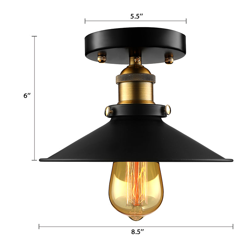 Black/Rust Cone Shade Semi Flush Mount Retro Stylish Metallic 1 Head Balcony Close to Ceiling Lighting Clearhalo 'Ceiling Lights' 'Close To Ceiling Lights' 'Close to ceiling' 'Flush mount' 'Industrial Flush Mount' Lighting' 16360