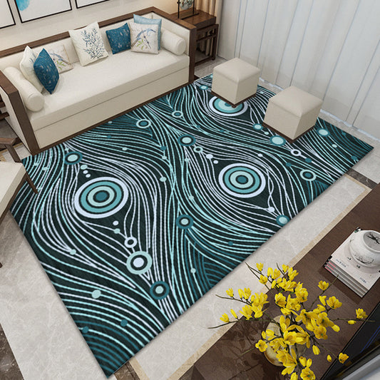 Southwestern Living Room Rug in White and Blue Circle Line Print Rug Polyester Stain-Resistant Area Rug Dark Blue