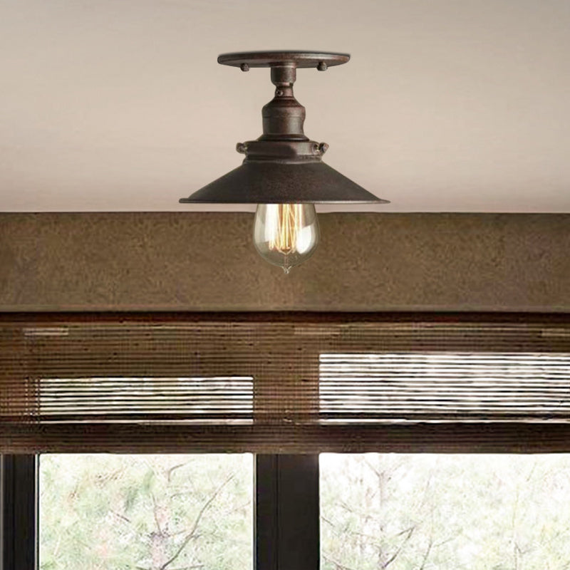 Black/Rust Cone Shade Semi Flush Mount Retro Stylish Metallic 1 Head Balcony Close to Ceiling Lighting Clearhalo 'Ceiling Lights' 'Close To Ceiling Lights' 'Close to ceiling' 'Flush mount' 'Industrial Flush Mount' Lighting' 16364