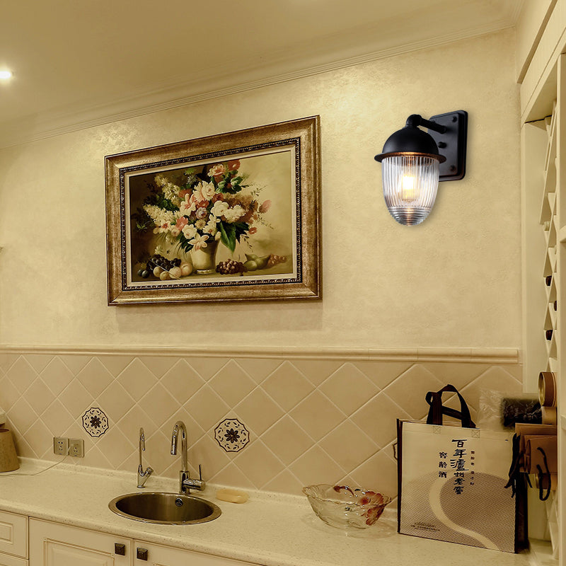 Ribbed Glass Black Sconce Light Thick Jelly Jar 1-Light Industrial Wall Lamp Fixture, 5"/6" Wide Clear Clearhalo 'Art deco wall lights' 'Cast Iron' 'Glass' 'Industrial wall lights' 'Industrial' 'Middle century wall lights' 'Modern' 'Rustic wall lights' 'Tiffany' 'Traditional wall lights' 'Wall Lamps & Sconces' 'Wall Lights' Lighting' 163647