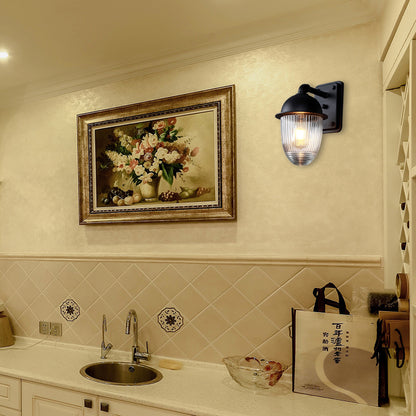 Ribbed Glass Black Sconce Light Thick Jelly Jar 1-Light Industrial Wall Lamp Fixture, 5"/6" Wide Clear Clearhalo 'Art deco wall lights' 'Cast Iron' 'Glass' 'Industrial wall lights' 'Industrial' 'Middle century wall lights' 'Modern' 'Rustic wall lights' 'Tiffany' 'Traditional wall lights' 'Wall Lamps & Sconces' 'Wall Lights' Lighting' 163647