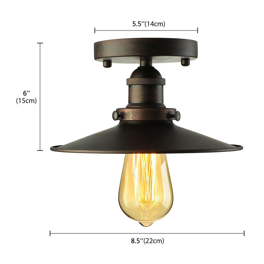 Black/Rust Cone Shade Semi Flush Mount Retro Stylish Metallic 1 Head Balcony Close to Ceiling Lighting Clearhalo 'Ceiling Lights' 'Close To Ceiling Lights' 'Close to ceiling' 'Flush mount' 'Industrial Flush Mount' Lighting' 16365