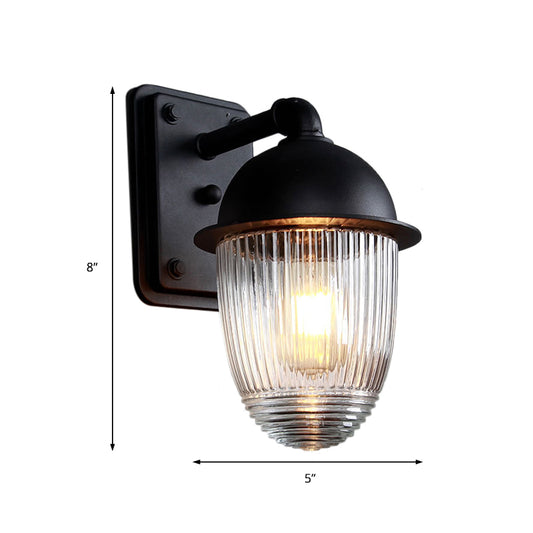 Ribbed Glass Black Sconce Light Thick Jelly Jar 1-Light Industrial Wall Lamp Fixture, 5"/6" Wide Clearhalo 'Art deco wall lights' 'Cast Iron' 'Glass' 'Industrial wall lights' 'Industrial' 'Middle century wall lights' 'Modern' 'Rustic wall lights' 'Tiffany' 'Traditional wall lights' 'Wall Lamps & Sconces' 'Wall Lights' Lighting' 163650