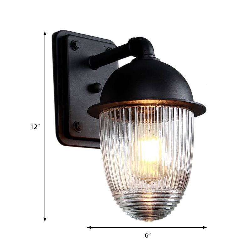 Ribbed Glass Black Sconce Light Thick Jelly Jar 1-Light Industrial Wall Lamp Fixture, 5"/6" Wide Clearhalo 'Art deco wall lights' 'Cast Iron' 'Glass' 'Industrial wall lights' 'Industrial' 'Middle century wall lights' 'Modern' 'Rustic wall lights' 'Tiffany' 'Traditional wall lights' 'Wall Lamps & Sconces' 'Wall Lights' Lighting' 163651
