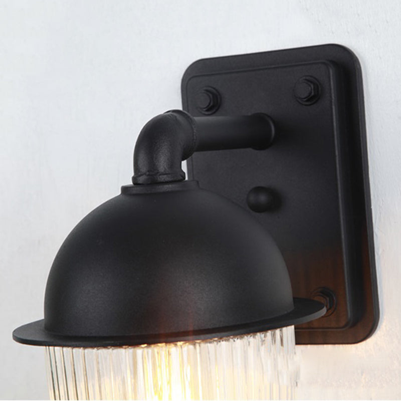 Ribbed Glass Black Sconce Light Thick Jelly Jar 1-Light Industrial Wall Lamp Fixture, 5"/6" Wide Clearhalo 'Art deco wall lights' 'Cast Iron' 'Glass' 'Industrial wall lights' 'Industrial' 'Middle century wall lights' 'Modern' 'Rustic wall lights' 'Tiffany' 'Traditional wall lights' 'Wall Lamps & Sconces' 'Wall Lights' Lighting' 163652