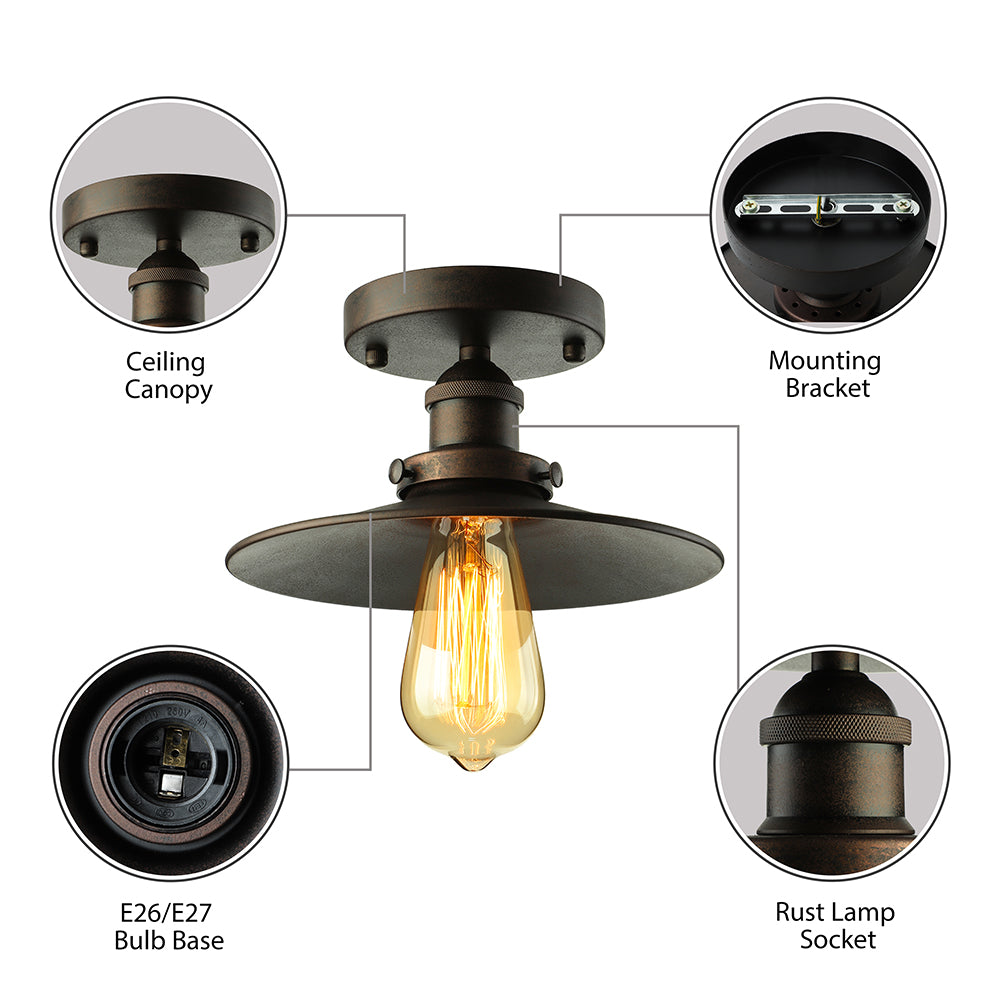 Black/Rust Cone Shade Semi Flush Mount Retro Stylish Metallic 1 Head Balcony Close to Ceiling Lighting Clearhalo 'Ceiling Lights' 'Close To Ceiling Lights' 'Close to ceiling' 'Flush mount' 'Industrial Flush Mount' Lighting' 16366