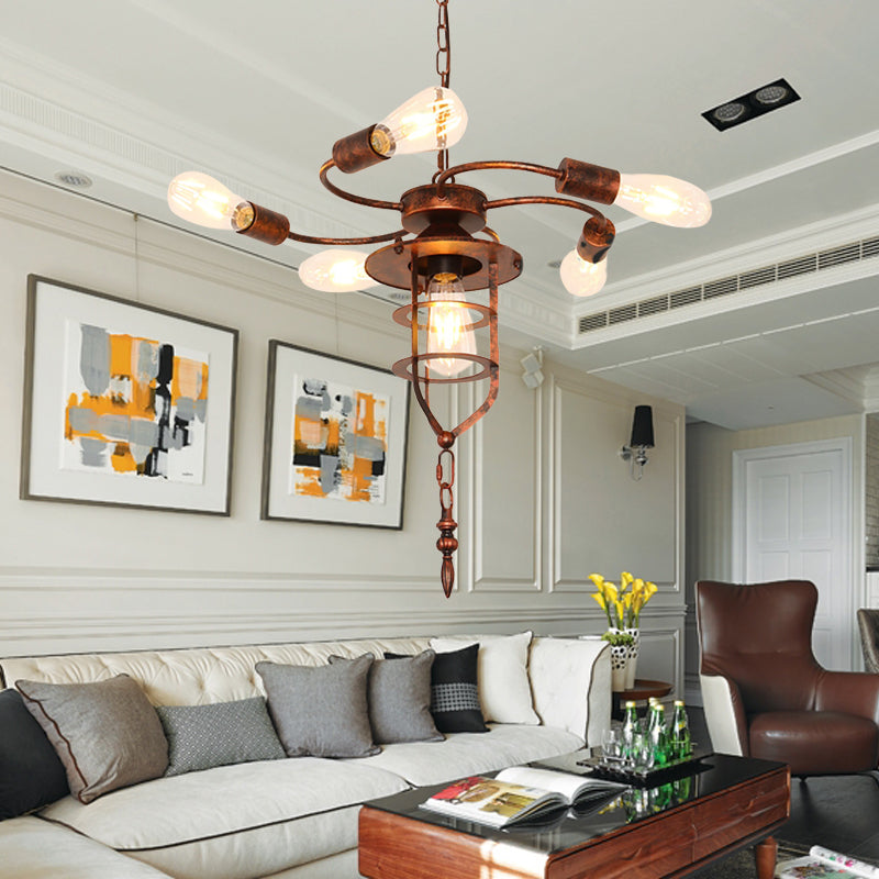 Antique Stylish Exposed Bulb Chandelier Light 5 Lights Wrought Iron Hanging Lamp with Wire Frame in Rust for Bar Clearhalo 'Cast Iron' 'Ceiling Lights' 'Chandeliers' 'Industrial Chandeliers' 'Industrial' 'Metal' 'Middle Century Chandeliers' 'Rustic Chandeliers' 'Tiffany' Lighting' 163678