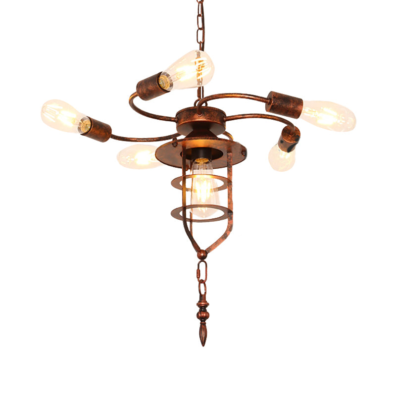 Antique Stylish Exposed Bulb Chandelier Light 5 Lights Wrought Iron Hanging Lamp with Wire Frame in Rust for Bar Clearhalo 'Cast Iron' 'Ceiling Lights' 'Chandeliers' 'Industrial Chandeliers' 'Industrial' 'Metal' 'Middle Century Chandeliers' 'Rustic Chandeliers' 'Tiffany' Lighting' 163679