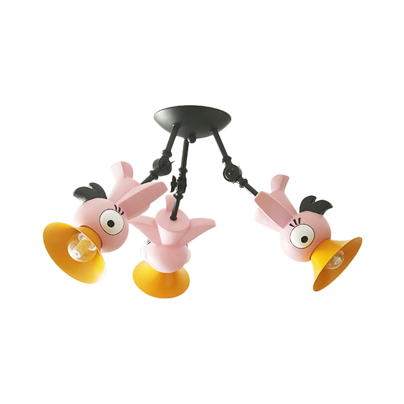Cartoon Bird Figure Pendant Lighting Contemporary Metal 3 Light Pink/Blue/Yellow Hanging Ceiling Light for Children Room