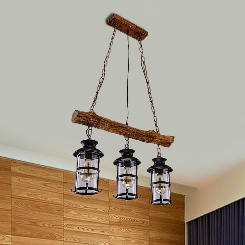 Brown 2/3-Bulb Island Lighting Ideas Nautical Clear Glass Cylinder Cluster Pendant with Wood Design 3 Brown Clearhalo 'Ceiling Lights' 'Island Lights' Lighting' 1636946