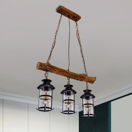Brown 2/3-Bulb Island Lighting Ideas Nautical Clear Glass Cylinder Cluster Pendant with Wood Design Clearhalo 'Ceiling Lights' 'Island Lights' Lighting' 1636947