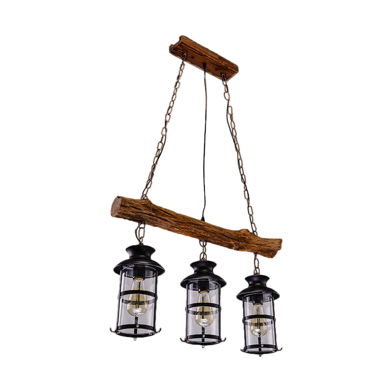 Brown 2/3-Bulb Island Lighting Ideas Nautical Clear Glass Cylinder Cluster Pendant with Wood Design Clearhalo 'Ceiling Lights' 'Island Lights' Lighting' 1636948