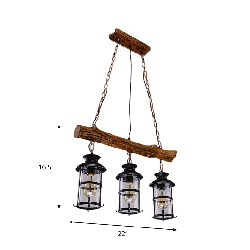 Brown 2/3-Bulb Island Lighting Ideas Nautical Clear Glass Cylinder Cluster Pendant with Wood Design Clearhalo 'Ceiling Lights' 'Island Lights' Lighting' 1636949