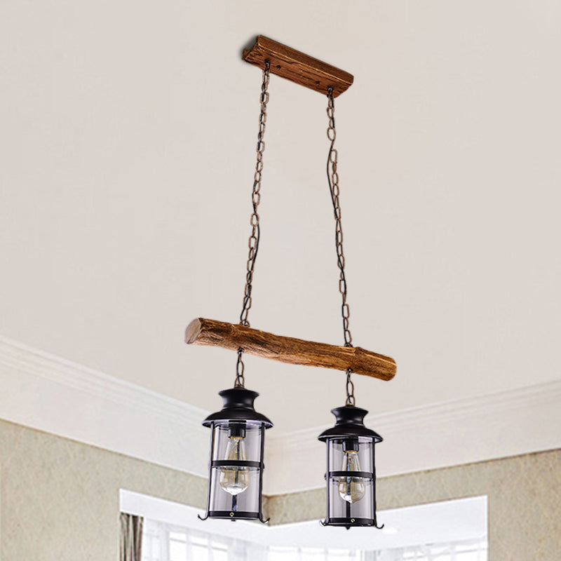 Brown 2/3-Bulb Island Lighting Ideas Nautical Clear Glass Cylinder Cluster Pendant with Wood Design Clearhalo 'Ceiling Lights' 'Island Lights' Lighting' 1636951