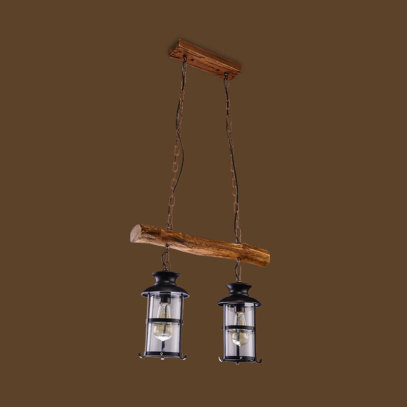 Brown 2/3-Bulb Island Lighting Ideas Nautical Clear Glass Cylinder Cluster Pendant with Wood Design Clearhalo 'Ceiling Lights' 'Island Lights' Lighting' 1636953