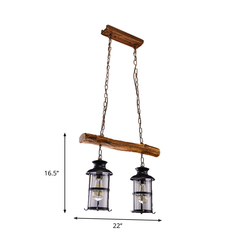 Brown 2/3-Bulb Island Lighting Ideas Nautical Clear Glass Cylinder Cluster Pendant with Wood Design Clearhalo 'Ceiling Lights' 'Island Lights' Lighting' 1636954