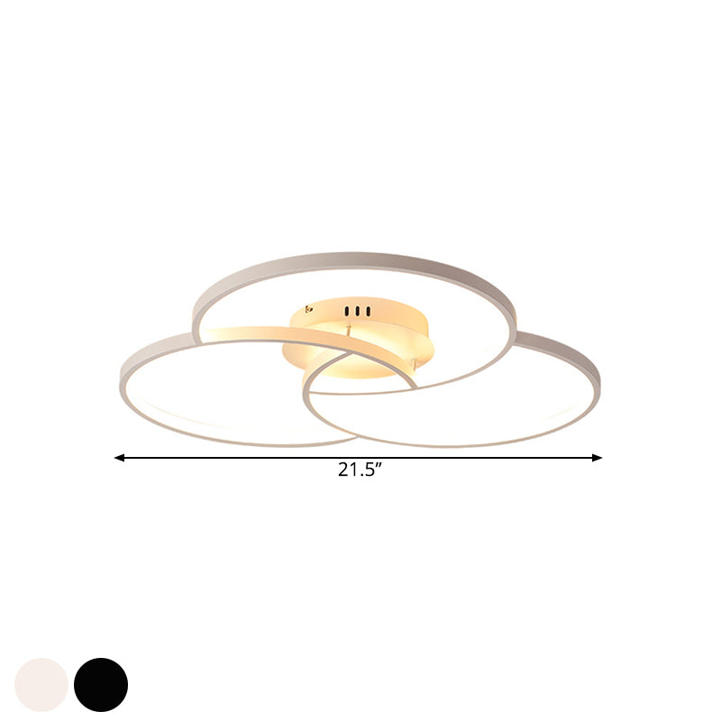 Intersecting Ring Semi-Flush Mount Modern Metal Black/White LED Ceiling Fixture in Warm/White Light, 21.5"/28" Width Clearhalo 'Ceiling Lights' 'Close To Ceiling Lights' 'Close to ceiling' 'Semi-flushmount' Lighting' 1637000