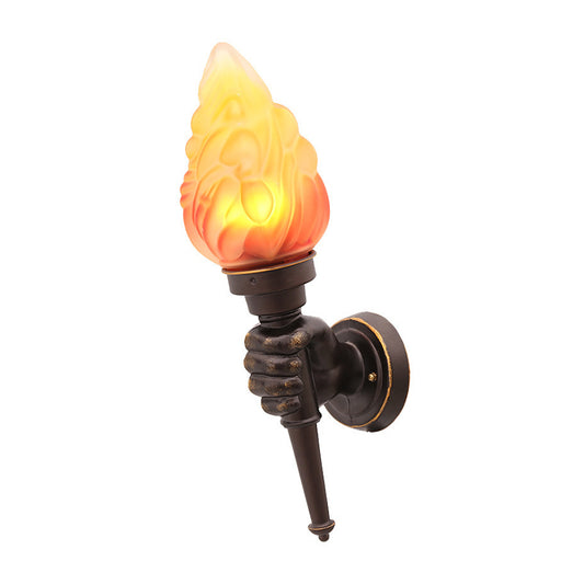 Black 1 Bulb Sconce Light Factory Amber Glass Torch Wall Mounted Lighting with Hand Decor Clearhalo 'Art deco wall lights' 'Cast Iron' 'Glass' 'Industrial wall lights' 'Industrial' 'Middle century wall lights' 'Modern' 'Rustic wall lights' 'Tiffany' 'Traditional wall lights' 'Wall Lamps & Sconces' 'Wall Lights' Lighting' 1637045