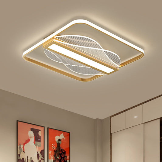 Simplicity LED Flush Mount Gold Squared Bar Decor Ceiling Lighting with Metallic Shade in Warm/White Light, 18"/21.5" Wide Gold Clearhalo 'Ceiling Lights' 'Close To Ceiling Lights' 'Close to ceiling' 'Flush mount' Lighting' 1637093