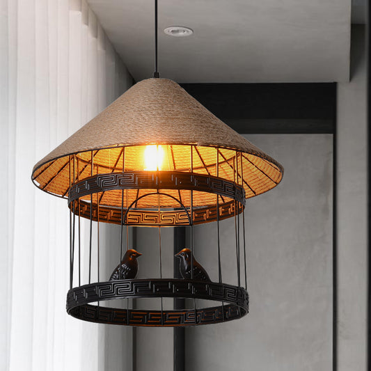 Metallic Black Hanging Lamp Bird Cage Single Bulb Antique Drop Pendant with Conical Rope Shade Clearhalo 'Ceiling Lights' 'Industrial Pendants' 'Industrial' 'Middle Century Pendants' 'Pendant Lights' 'Pendants' 'Tiffany' Lighting' 1637108