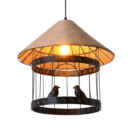 Metallic Black Hanging Lamp Bird Cage Single Bulb Antique Drop Pendant with Conical Rope Shade Clearhalo 'Ceiling Lights' 'Industrial Pendants' 'Industrial' 'Middle Century Pendants' 'Pendant Lights' 'Pendants' 'Tiffany' Lighting' 1637109