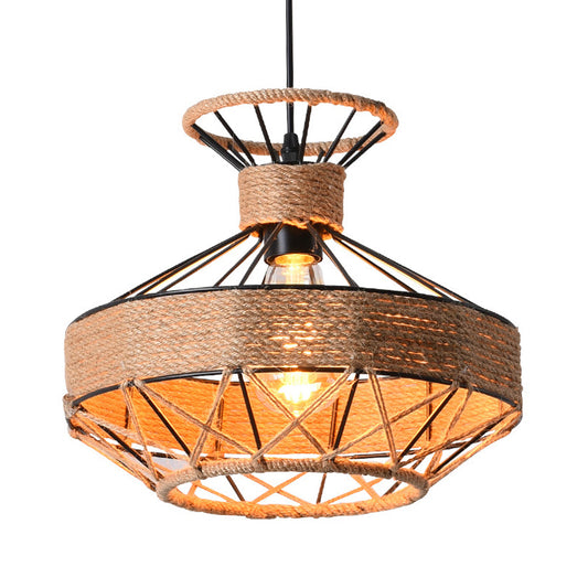Beige 1-Light Suspension Lamp Traditional Rope Grenade Cage Hanging Ceiling Lighting for Dining Hall Clearhalo 'Ceiling Lights' 'Industrial Pendants' 'Industrial' 'Middle Century Pendants' 'Pendant Lights' 'Pendants' 'Tiffany' Lighting' 1637113