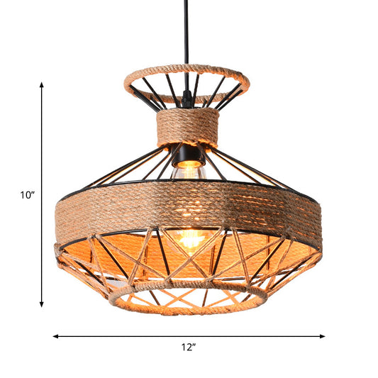 Beige 1-Light Suspension Lamp Traditional Rope Grenade Cage Hanging Ceiling Lighting for Dining Hall Clearhalo 'Ceiling Lights' 'Industrial Pendants' 'Industrial' 'Middle Century Pendants' 'Pendant Lights' 'Pendants' 'Tiffany' Lighting' 1637114