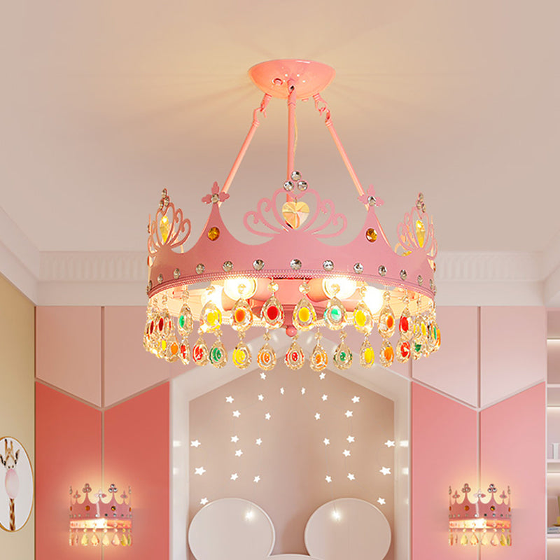 Crown Shape Chandelier Lighting Modernist Metal 5-Light Pink/Gold Hanging Light Fixture for Nursery Room Pink Clearhalo 'Ceiling Lights' 'Close To Ceiling Lights' 'Close to ceiling' 'Semi-flushmount' Lighting' 1637119