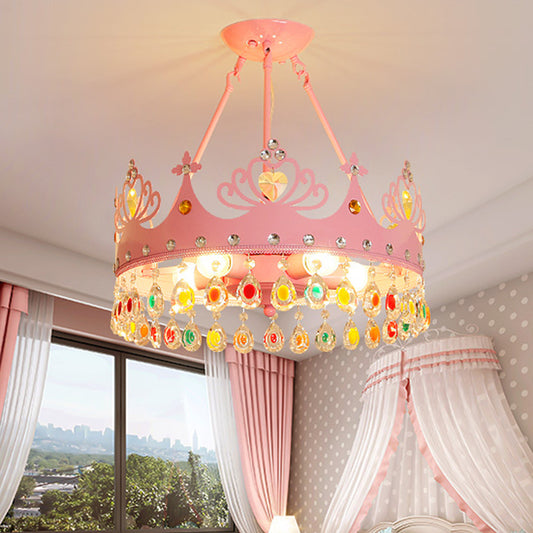 Crown Shape Chandelier Lighting Modernist Metal 5-Light Pink/Gold Hanging Light Fixture for Nursery Room Clearhalo 'Ceiling Lights' 'Close To Ceiling Lights' 'Close to ceiling' 'Semi-flushmount' Lighting' 1637120