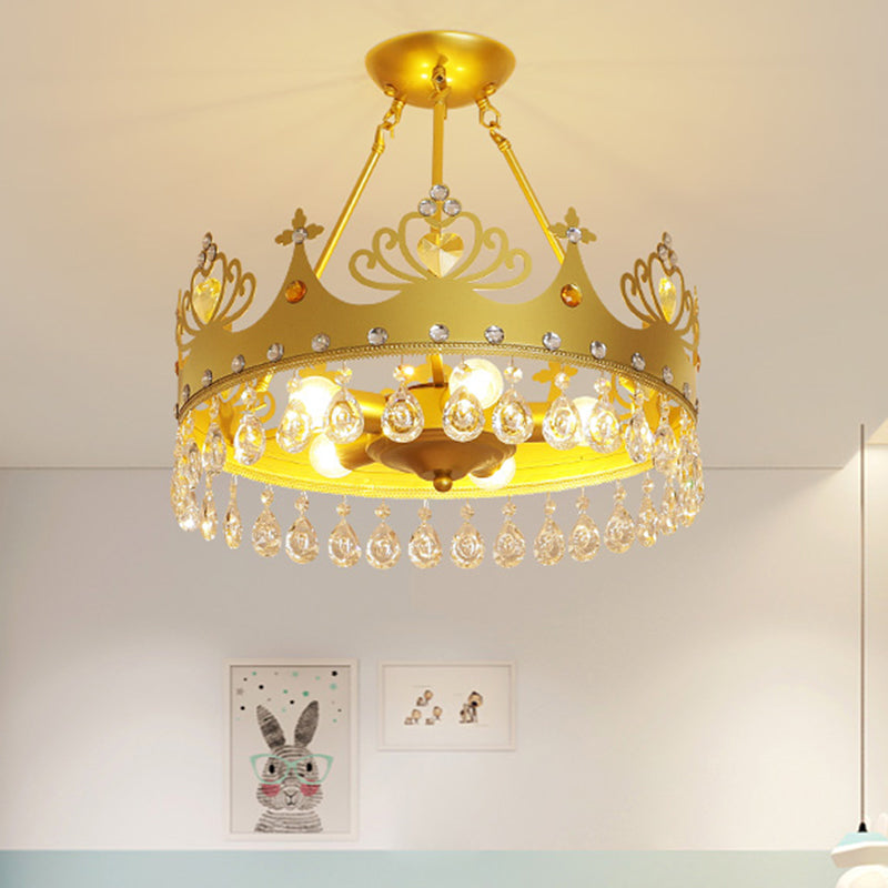 Crown Shape Chandelier Lighting Modernist Metal 5-Light Pink/Gold Hanging Light Fixture for Nursery Room Gold Clearhalo 'Ceiling Lights' 'Close To Ceiling Lights' 'Close to ceiling' 'Semi-flushmount' Lighting' 1637123