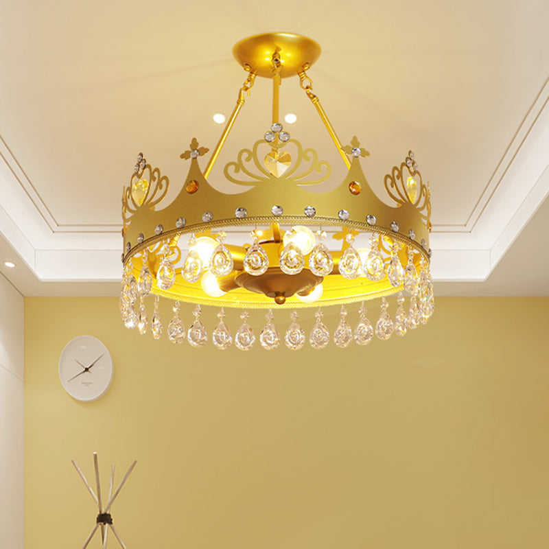 Crown Shape Chandelier Lighting Modernist Metal 5-Light Pink/Gold Hanging Light Fixture for Nursery Room Clearhalo 'Ceiling Lights' 'Close To Ceiling Lights' 'Close to ceiling' 'Semi-flushmount' Lighting' 1637124