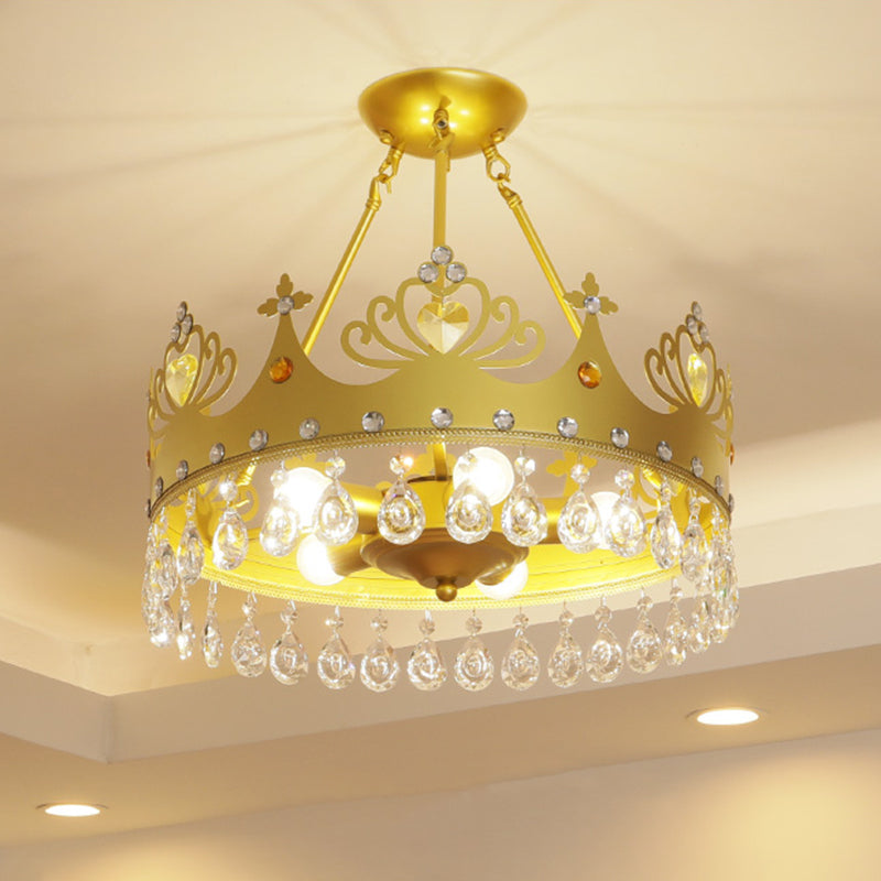 Crown Shape Chandelier Lighting Modernist Metal 5-Light Pink/Gold Hanging Light Fixture for Nursery Room Clearhalo 'Ceiling Lights' 'Close To Ceiling Lights' 'Close to ceiling' 'Semi-flushmount' Lighting' 1637125