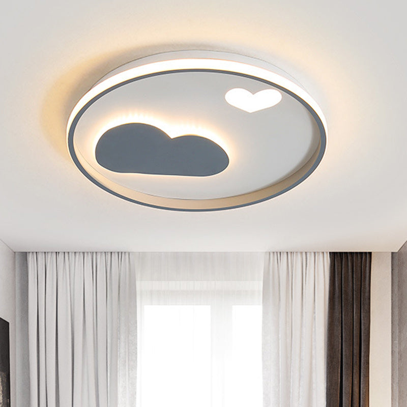 Round Flush Light Fixture Contemporary Metallic Black/White LED Ceiling Mounted Light with Cloud and Heart Pattern in Warm/White Light Clearhalo 'Ceiling Lights' 'Close To Ceiling Lights' 'Close to ceiling' 'Flush mount' Lighting' 1637132